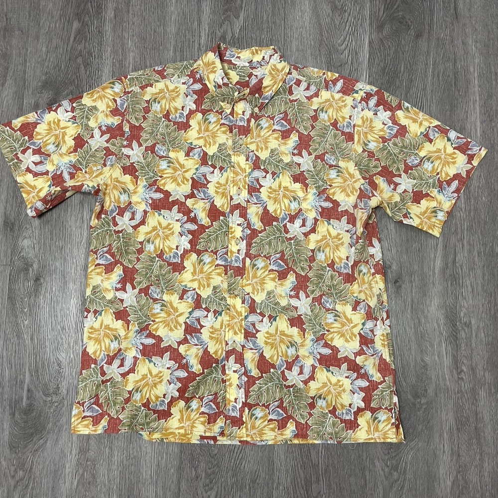 Reyn Spooner Shirt Mens Large Red Hawaiian Aloha Floral Lei Mele Kalikimaka